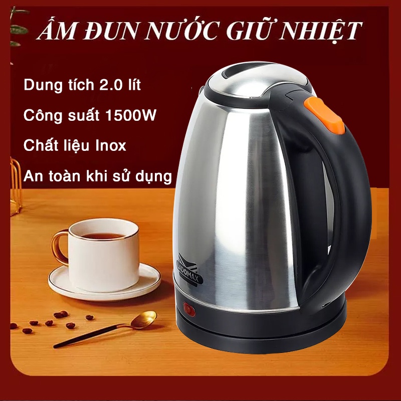 Ấm siêu tốc inox không gỉ Ladomax HA-885 dung tích 2 Lit nấu nước nhiều, công suất lớn đun nhanh sôi