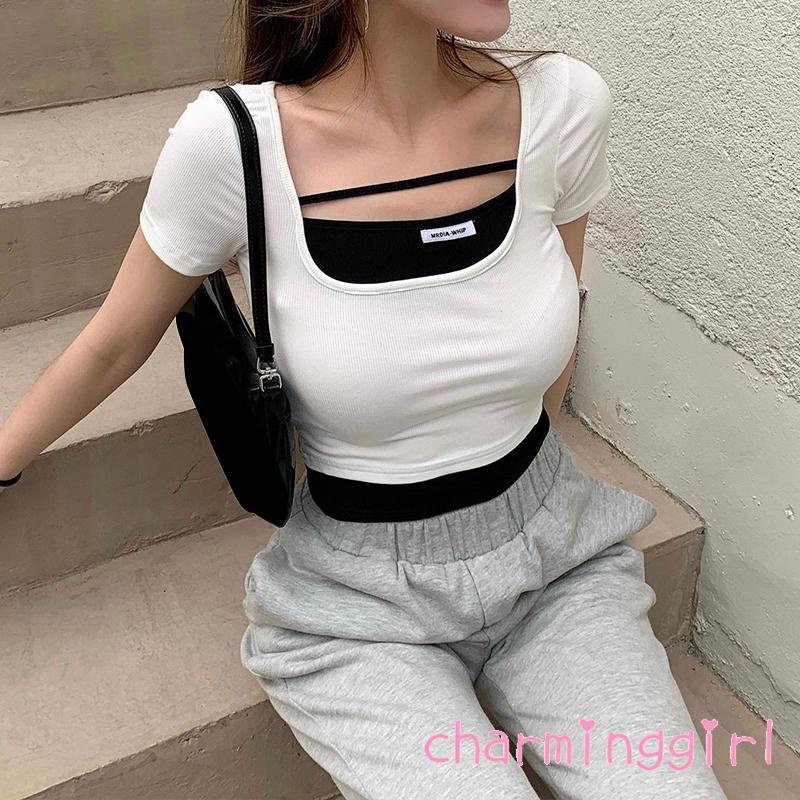 Áo thun croptop cổ chữ U tay ngắn màu sắc thời trang cho nữ