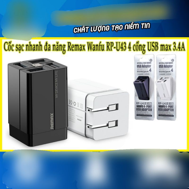 Cóc Sạc Đa Năng Remax Wanfu RP-U43 4 Cổng USB Max 3.4A