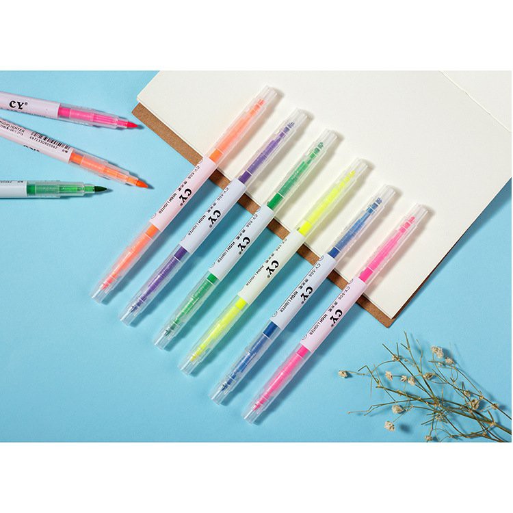 Bộ bút dạ quang 6 bút 12 màu CY nhiều màu 2 đầu trong 1 cây chất lượng cao, bút nhớ, highlight cho học sinh lalunavn-A53
