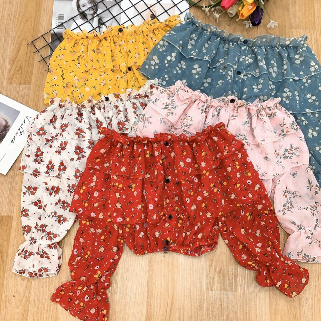 Áo voan hoa xinh dáng croptop bèo 2 tầng vai xinh xinh cute xinh xắn