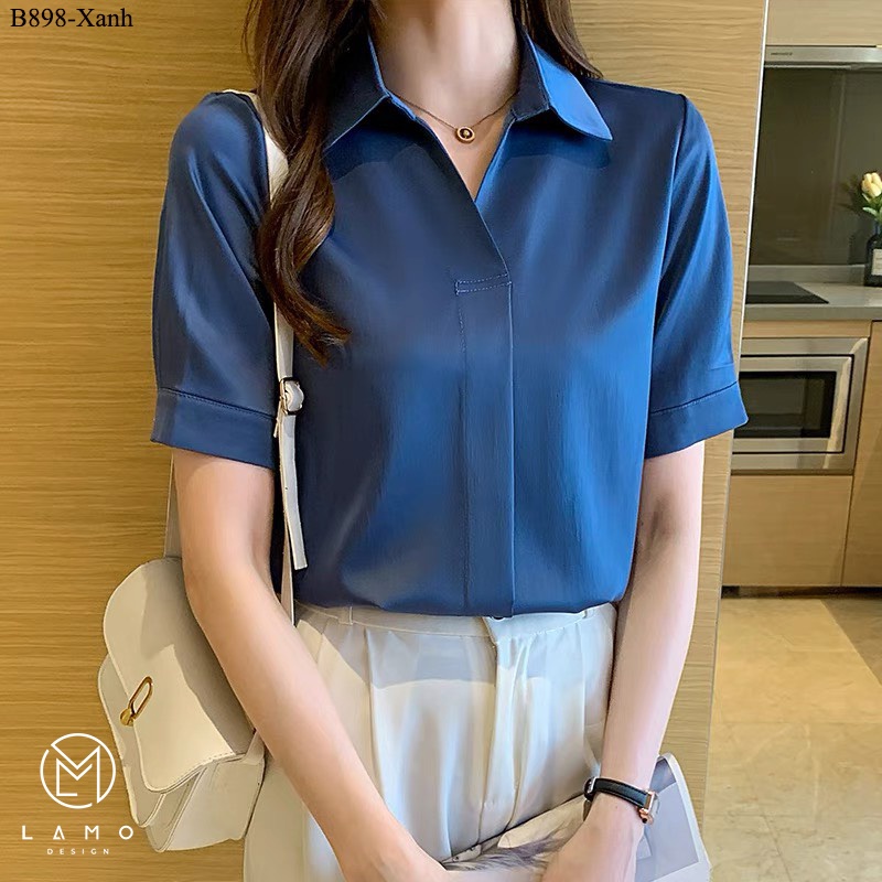Áo sơ mi công sở nữ lụa ngọc trai cổ V tay ngắn B898 | BigBuy360 - bigbuy360.vn