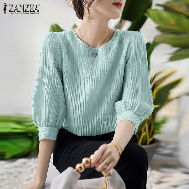 Áo kiểu Zanzea tay lỡ 3/ 4 cổ tròn màu trơn thời trang dành cho nữ