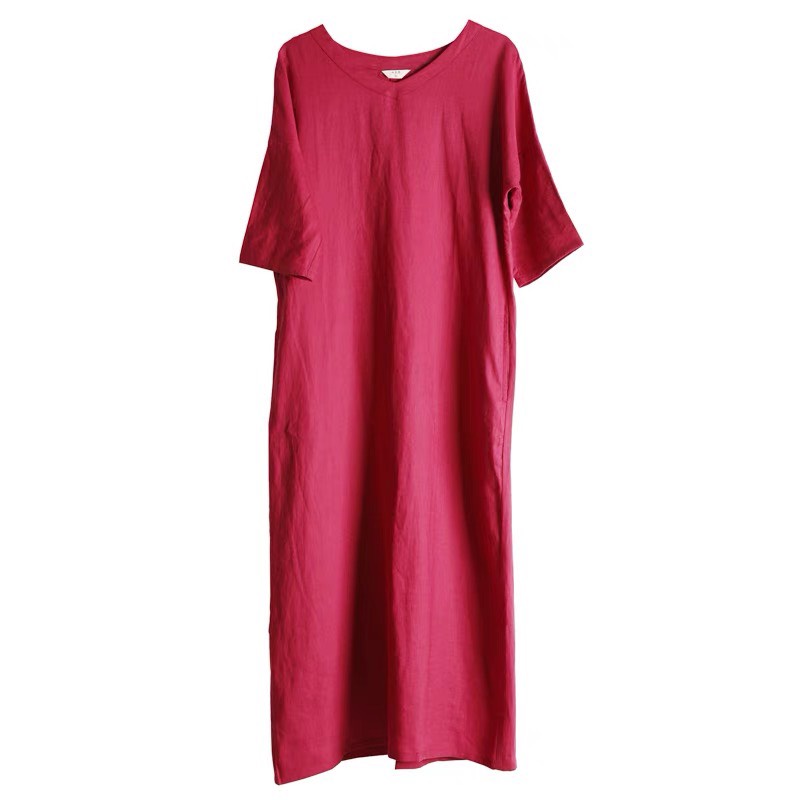 Đầm suông linen cổ tim tay lỡ  - Đỏ đô