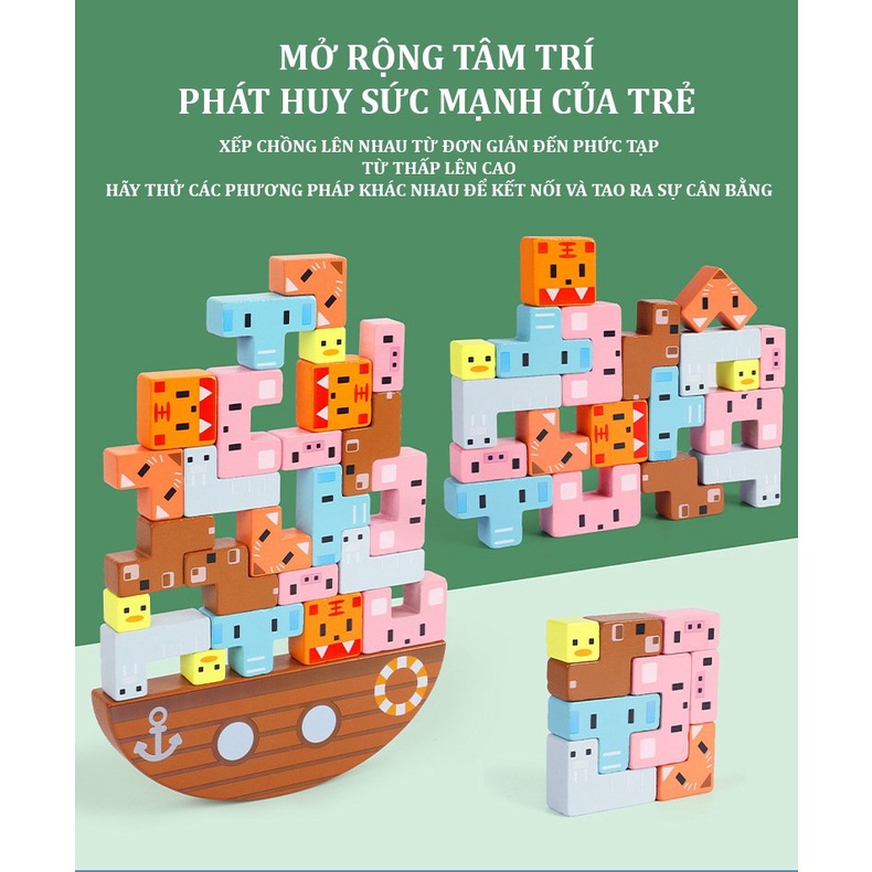 Đồ Chơi Thuyền Cân Bằng Động Vật 3D Bằng Gỗ Nhiều màu Nhiều Cách Chơi