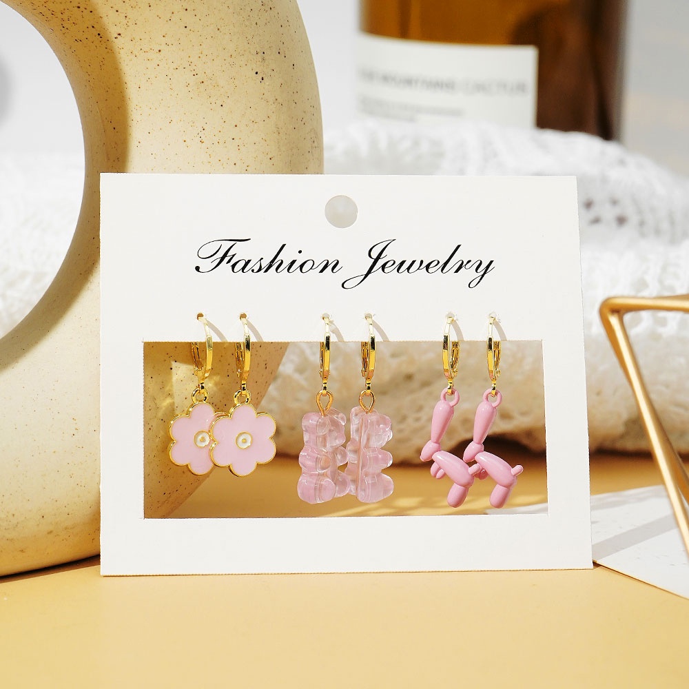 Bộ Khuyên Tai Hình Học Mặt Thỏ Gấu Và Thỏ Phong Cách Hàn Quốc Sáng Tạo Thời Trang