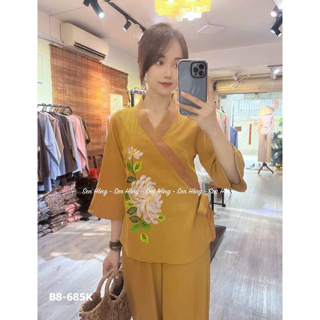 Quần áo đi chùa thiết kế # đồ lam sang trọng # mẫu Phật tử vải Đũi Hàn dày đẹp thêu hoa cúc B8