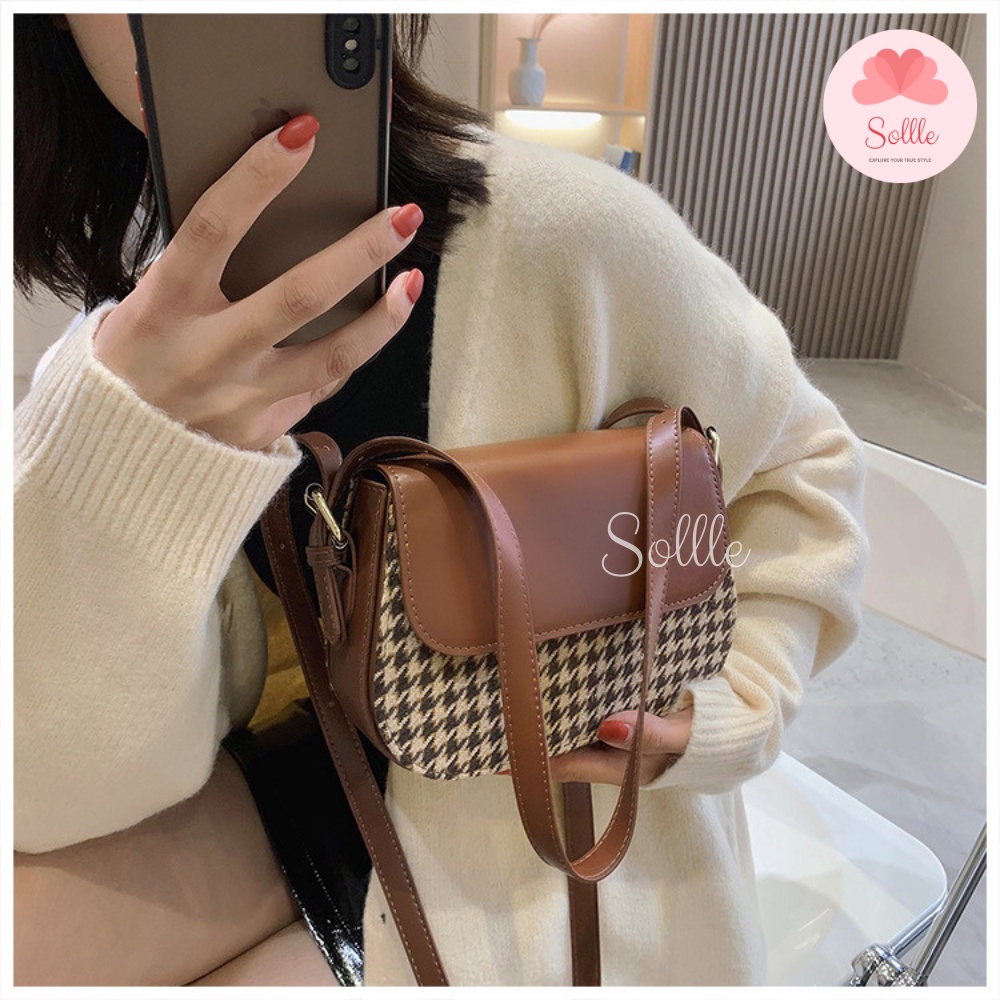 Túi xách nữ đeo chéo da lì nhỏ gọn nhiều ngăn kẹp nách caro răng sói nâu đen Ulzzang Sollle