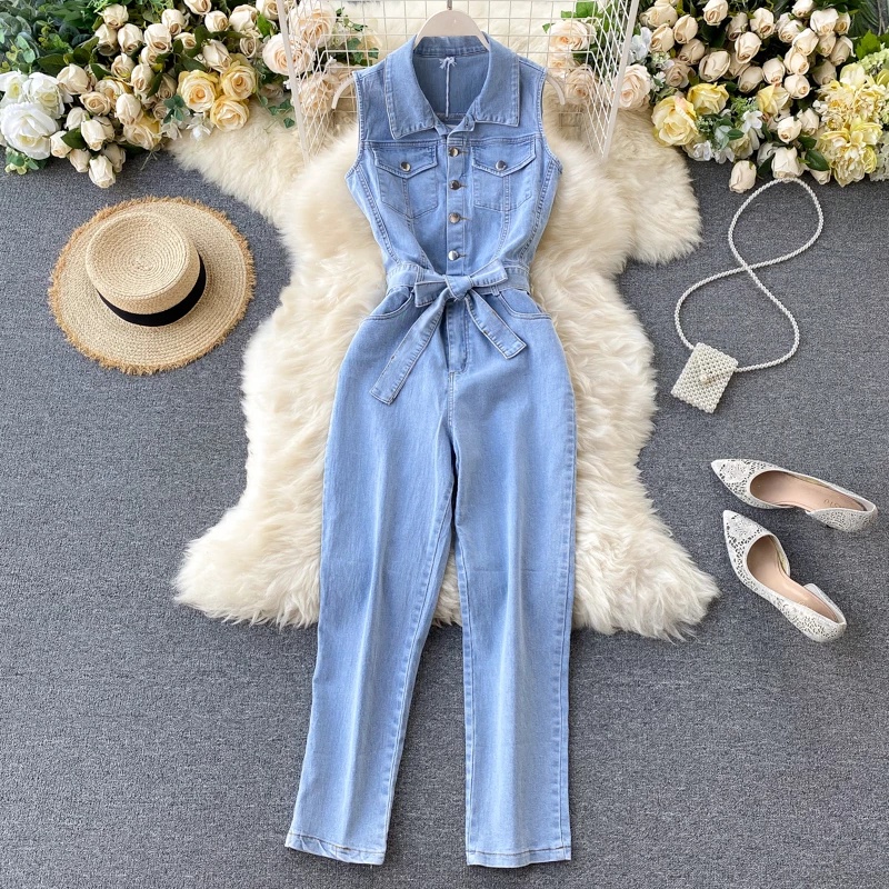 Jumpsuit Denim Ống Rộng Phong Cách Retro Nữ Tính