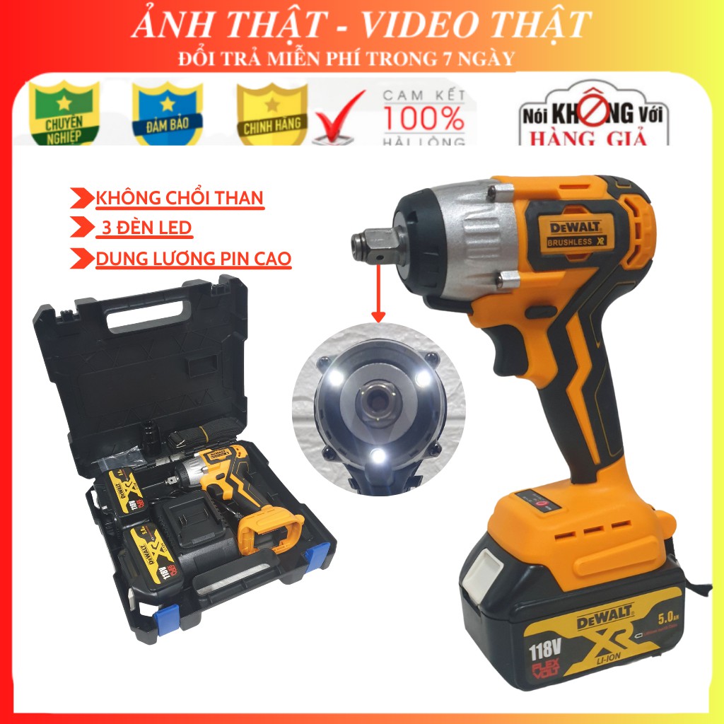 Máy siết bulong dewalt 118V Không chổi than 3 Đèn Led - Tặng Kèm đầu chuyển vít và khẩu 22mm