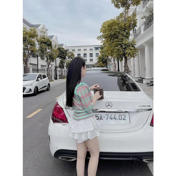 A533 Áo len cardigan tay lửng bo ống, họa tiết thổ cẩm tone xanh tôn la, lạ mắt, phối bèo vai