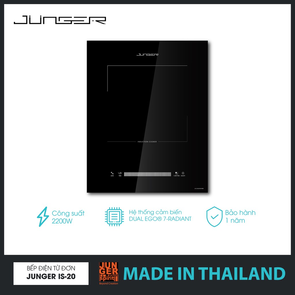 Bếp đơn điện từ Junger IS-20 - Công suất 2200W - mặt kính Ceramic | Bảo hành 12 tháng chính hãng | MADE IN THAILAND