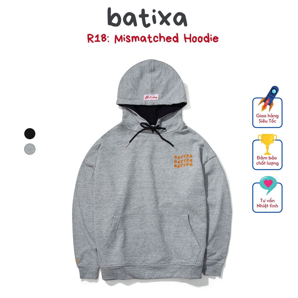 Áo Hoodie Nam Nữ Phối Hai Màu Đen Xám Mũ Rộng Hai Lớp Nỉ  Unisex  In Logo Cực Chất R18 Local Brand Chính Hãng BATIXA