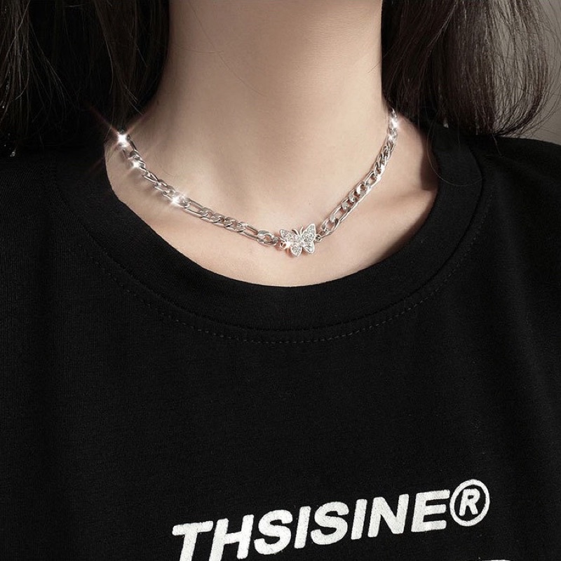 dây chuyền vòng cổ thép titan màu bạc bền màu trang trí mặt hình nơ đính đá TH1076477