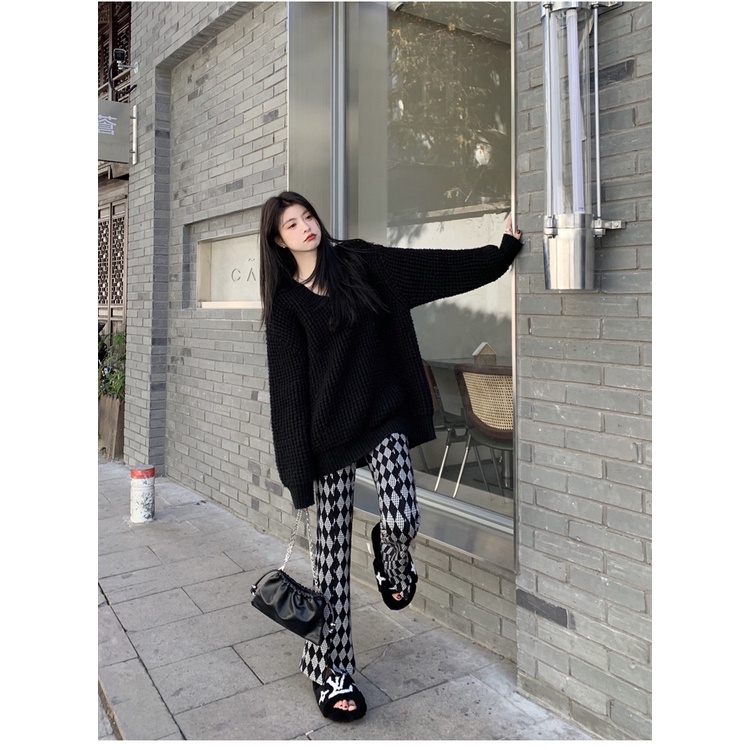 Porozi  Áo len Áo sweater tay dài dáng rộng cổ chữ V phong cách Hàn Quốc dành cho nữ