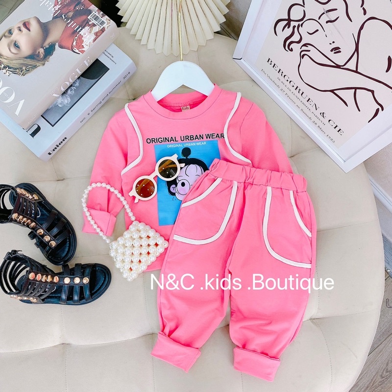 Bộ dài tay bé gái chạy viền phối cá tính Set đồ thu đông cho bé mặc nhà, đi chơi 1 2 3 4 5 6 tuổi