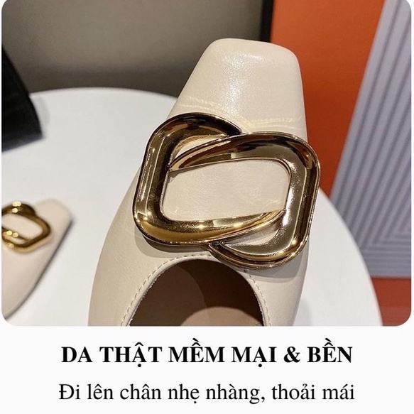 Giày nữ đế vuông mũi vuông [da thật] cao gót bít mũi 5 phân đính đá 672, da mềm mại big size màu đen be trắng FFAN STORE