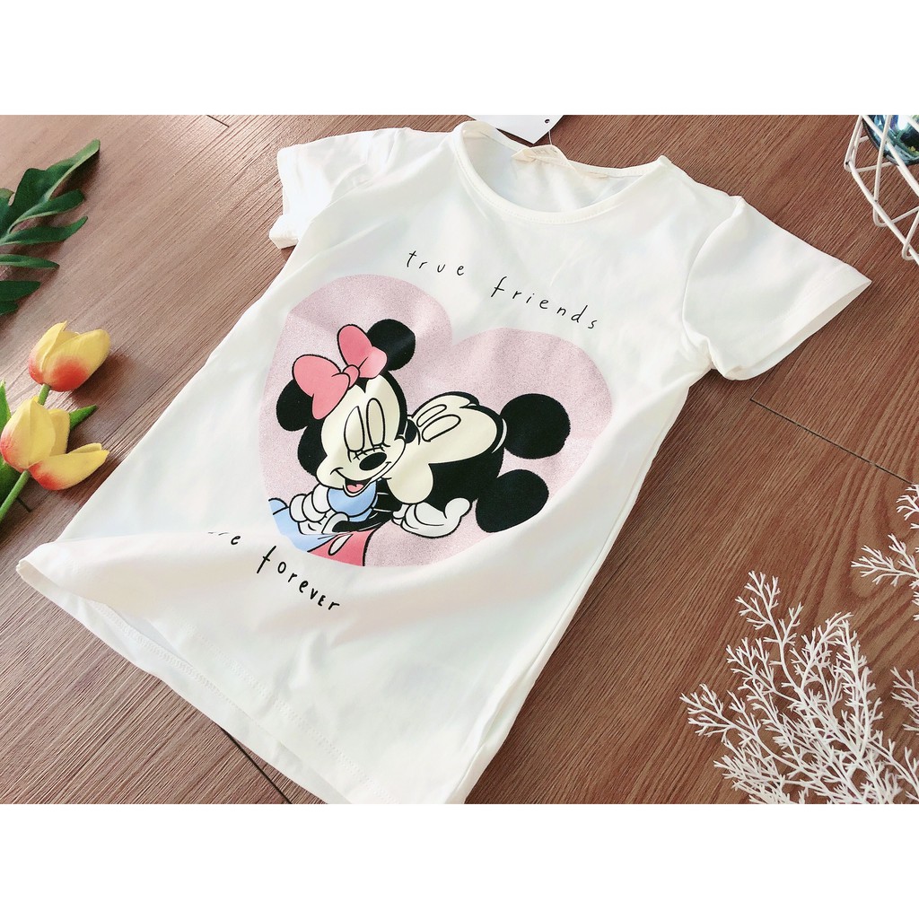 Áo thun bé gái 2-12 tuổi Hm hình 2 mickey, Áo cộc tay cho bé hàng xuất vải cotton co giãn thấm hút mồ hôi