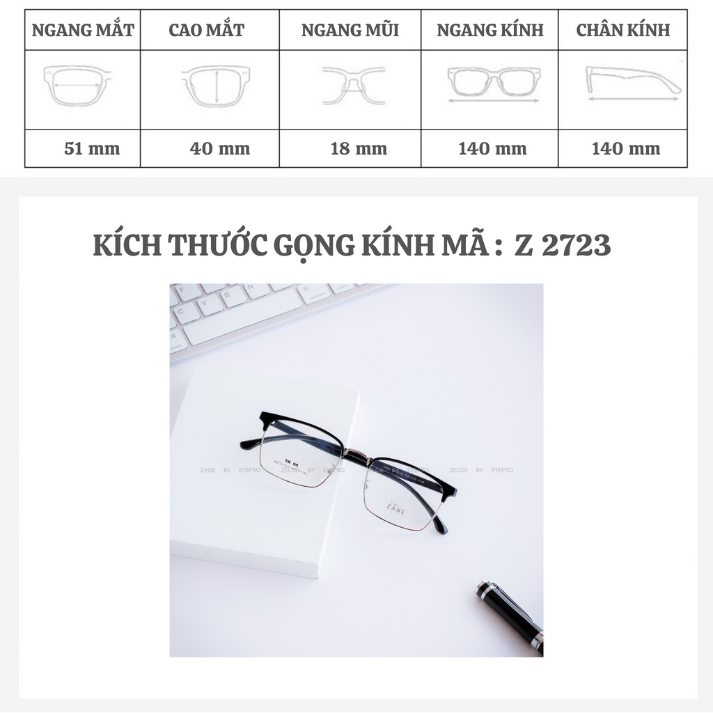 Gọng kính mắt vuông lắp sẵn cận chất liệu nhựa dẻo dáng Clubmaster - Z2723 Eyepro