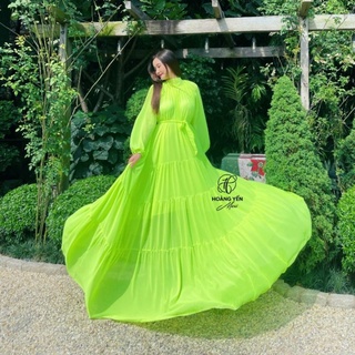 HOANGYEN - Đầm Lime Neon Dress xanh neon tay dài nối tầng tùng xoè