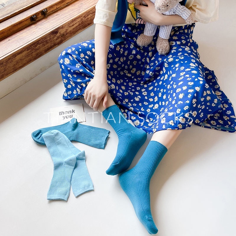 TAIN TIAN T096 Tất nữ cổ cao Sản phẩm cao cấp Vớ trơn sọc dọc dọc màu xanh dương trơn thời trang