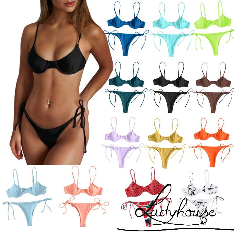 Bộ bikini cổ chữ V màu sắc thời trang gợi cảm dành cho nữ