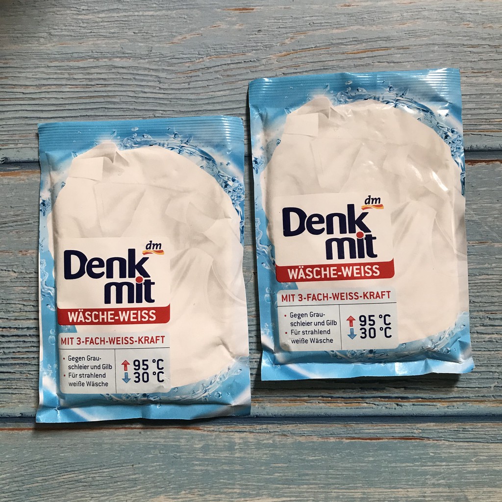 Bột Tẩy Trắng Quần Áo Denkmit Wasche Weiss, 50 g. Giúp đánh bay các vết ố vàng, sỉn màu trên quần áo trắng. Nội Địa Đức.