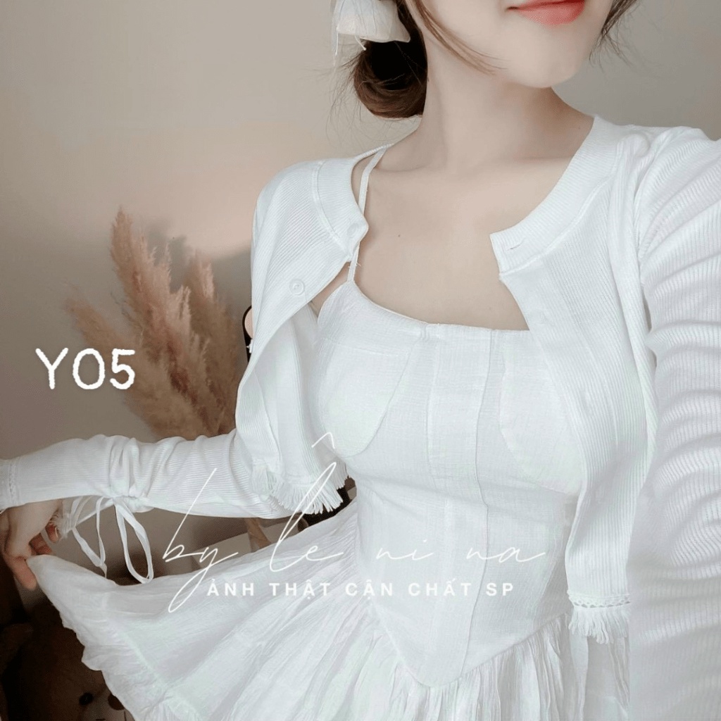 Sét Thun Gân Đầm Ngắn Hai Dây + Áo Khoác Ngoài Xinh Như Tiên Tỉ UP