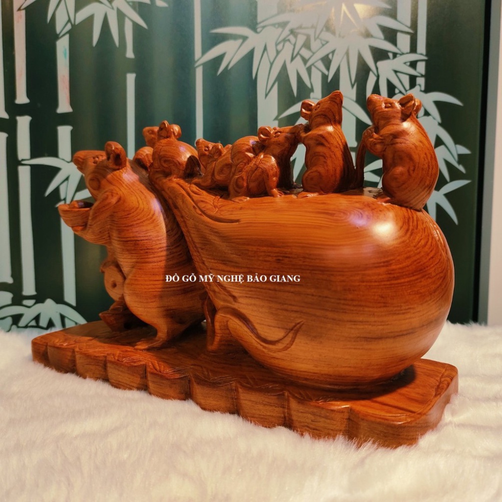 Tượng đàn chuột tài lộc gỗ hương dài 30 rộng 12 cao 19 cm