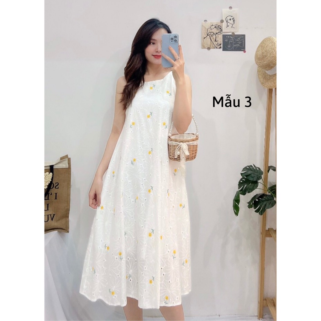 Đầm suông, Váy yếm dài, Đầm maxi hoa nhí Cao Cấp dáng suông vàng trắng, form rộng dài qua gối - MiNhi