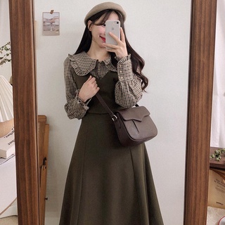 Váy yếm MORAN vintage xòe dài mùa thu đông style búp bê kiểu Pháp