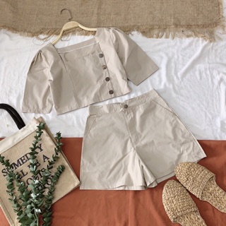 SET ÁO CỔ VUÔNG NÚT GỖ QUẦN SHORT (KÈM HÌNH THẬT)