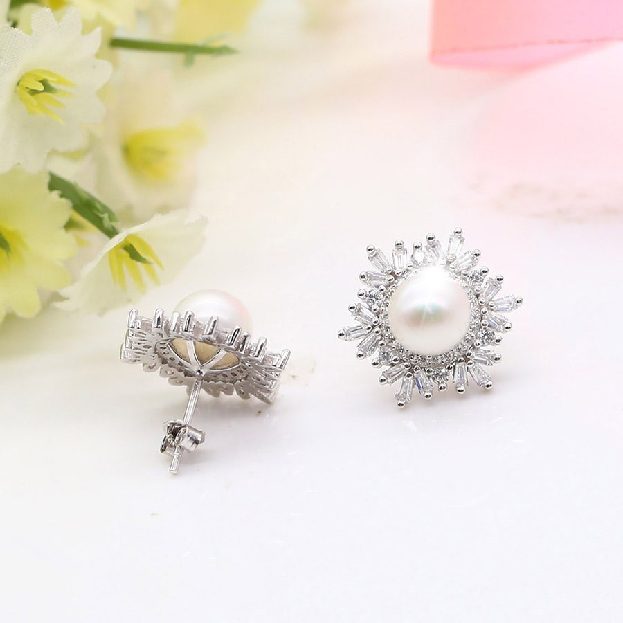 Bông Tai Bạc Nữ Hình Bông Tuyết Đính Hạt Ngọc Trai Nuôi Thiên Nhiên Tròn Thời Trang cao cấp nữ B1345 -Bảo Ngọc Jewelry