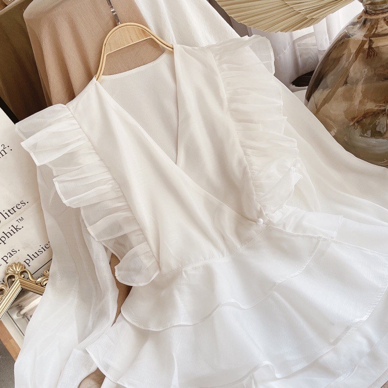 Set áo peplum voan phối bèo tầng kèm quần shorts trắng nữ thời trang hàn quốc Ulzzang