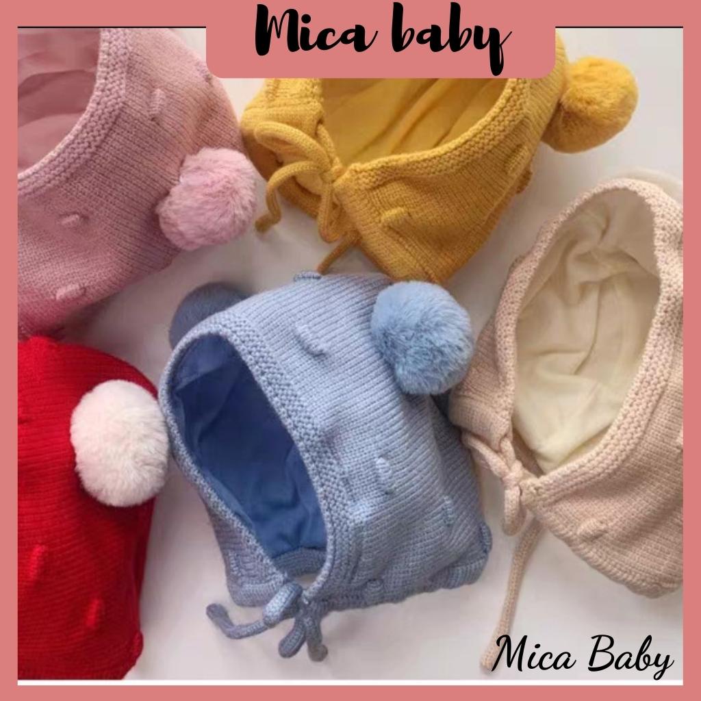 Mũ len dây buộc gắn bông đáng yêu cho bé Mica baby ML59