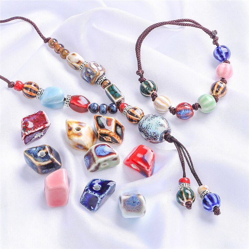 5 Hạt xỏ lỗ bằng gốm sứ men hoa 20x14x14mm hình thang dùng làm trang sức thủ công