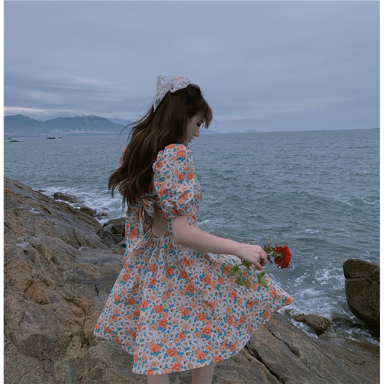 IELGY   Đầm Hoa Ngắn Tay Lưng Cao Cổ Vuông Thời Trang Dành Cho Nữ