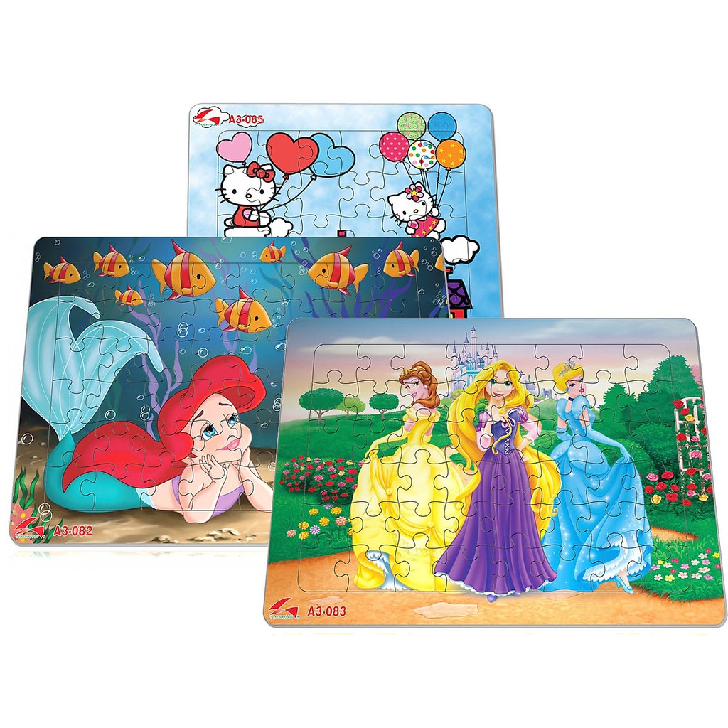 Bộ 3 tranh xếp hình A3, 48 mảnh ghép: hình ảnh tranh các công chúa hoạt hình dành cho bé gái. Tia Sáng Việt Nam. Đồ chơi