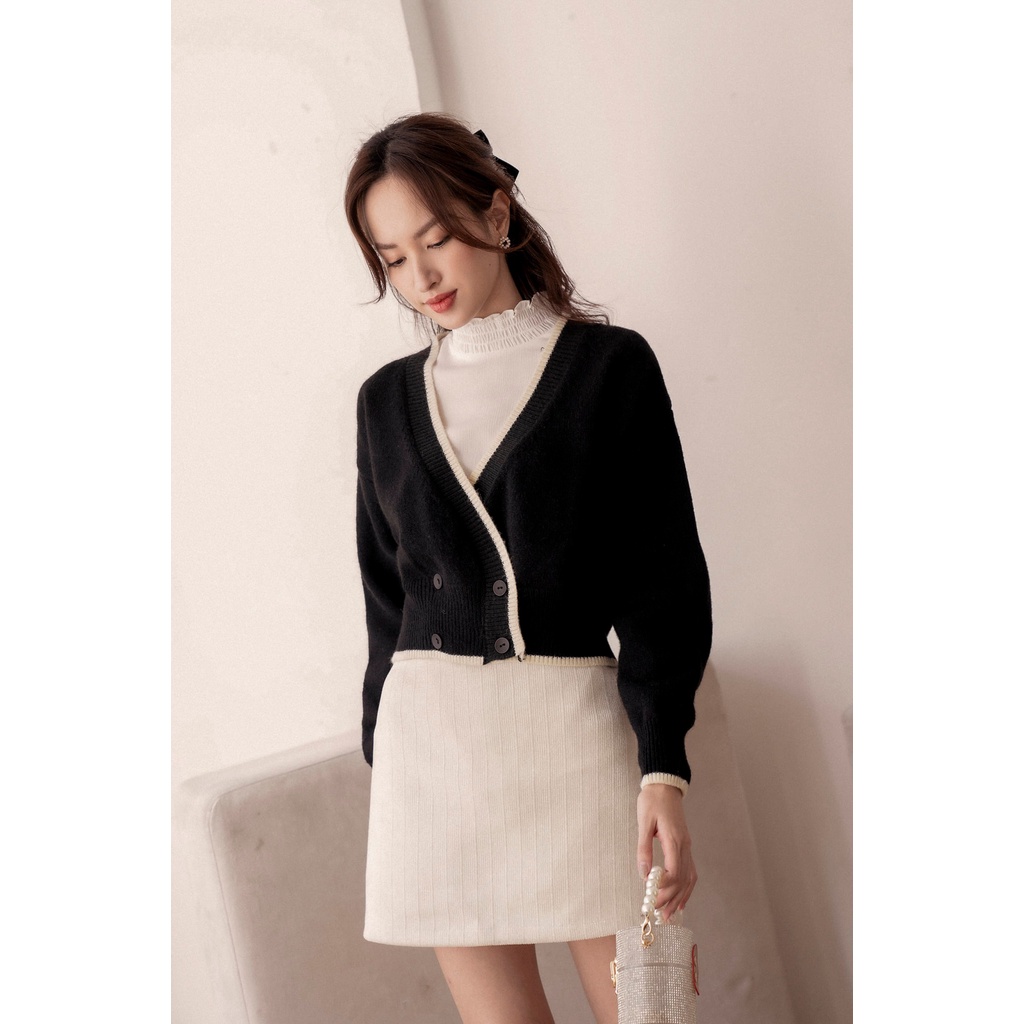 Cardigan cổ V chéo 2 khuy cài phối viền TIINSTORE G21133