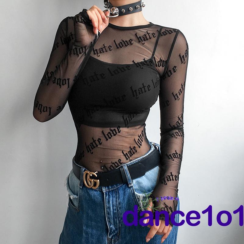 Áo thun tay dài vải ren xuyên thấu thời trang cho nữ