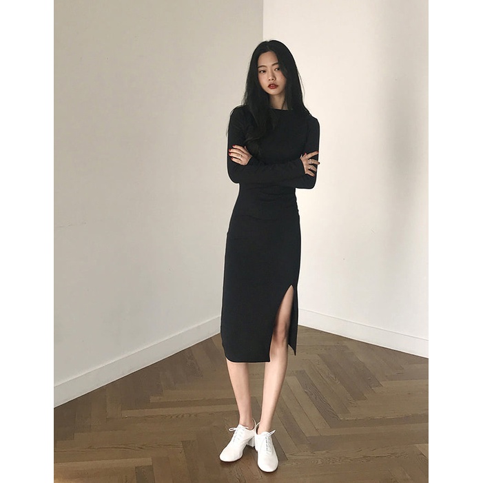 ? Đầm Body Đen Nữ Dài Tay Xẻ Tà Chất Borip Gân Co Dãn | BigBuy360 - bigbuy360.vn