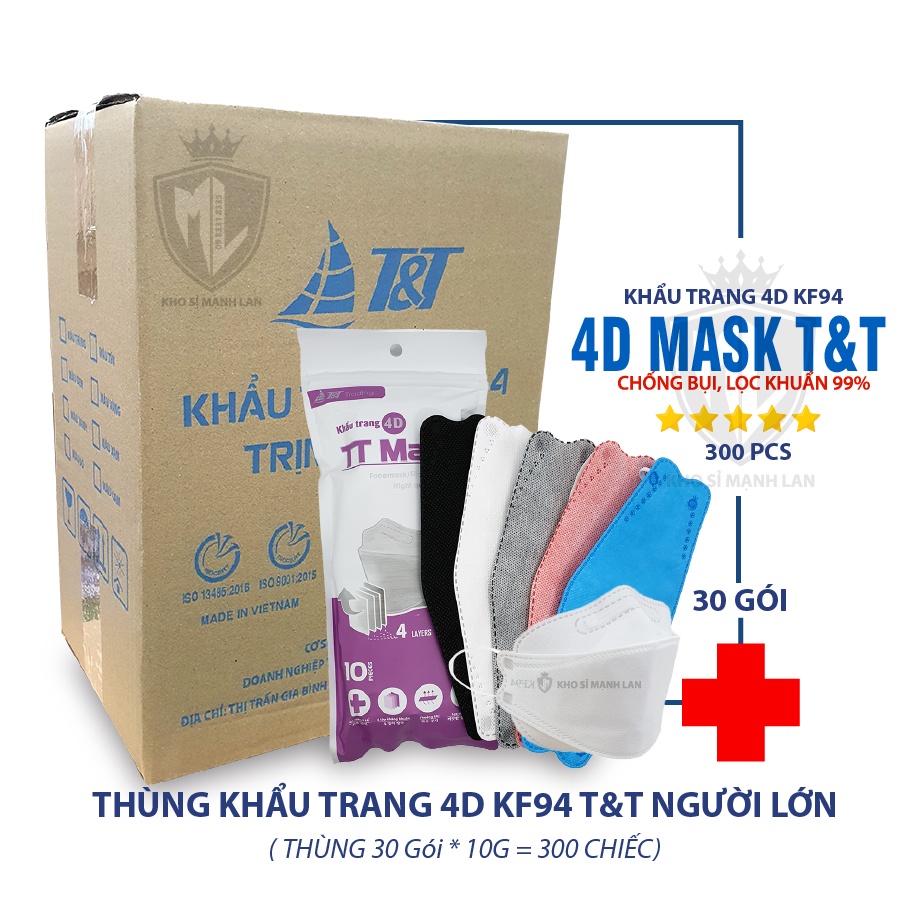Thùng Khẩu Trang 4D MASK KF94 Công Nghệ Dập Hàn Quốc ( 300 Chiếc ) - Hàng Chính Hãng Công Ty TNHH Trịnh Trung ( T&T)