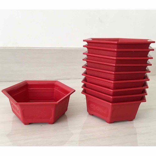 Combo 3 Chậu Lục Giác Đỏ Trồng Cây - Đường Kính Miệng 25cm