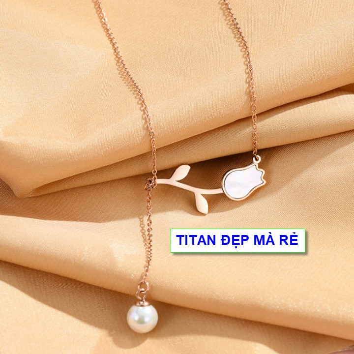 Dây chuyền màu vàng nữ có mặt hoa tulip phối ngọc cực xinh - Hàng chuẩn titan màu sắc bóng đẹp-Cam kết 1 đổi 1 nếu đen