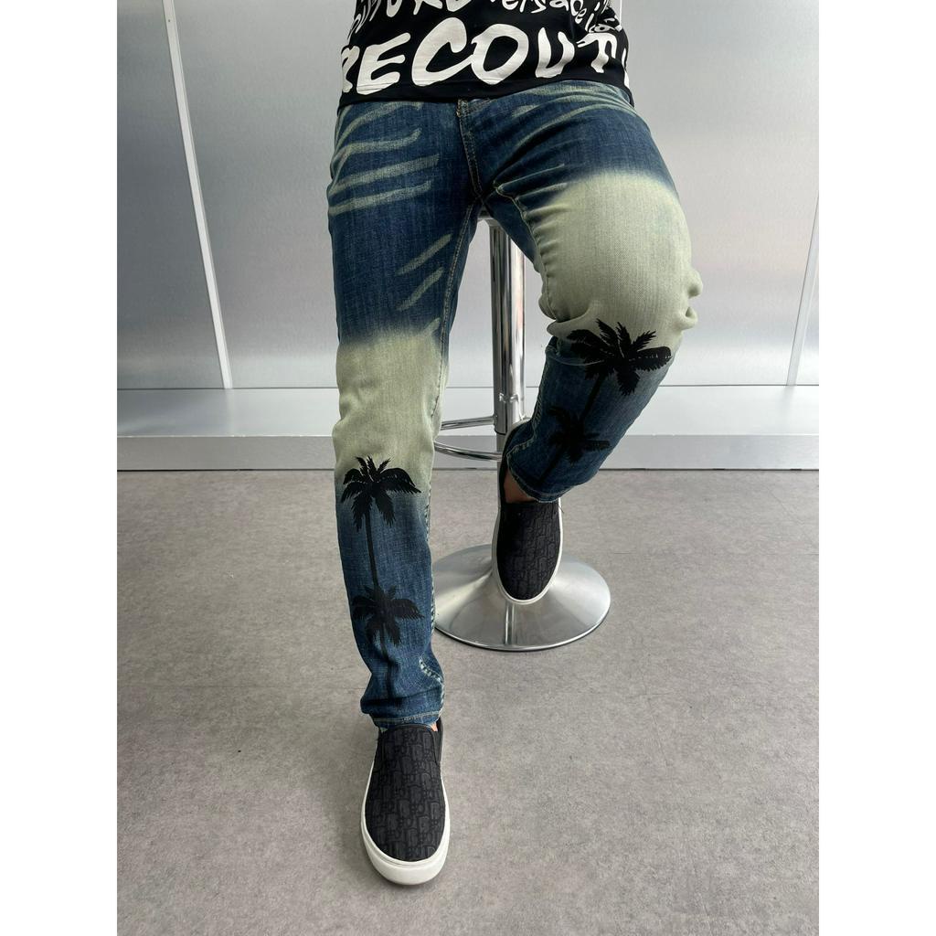 Quần jean bò Nam slimfit wash - Quần amiri xanh vàng in hình cây dừa boy phố