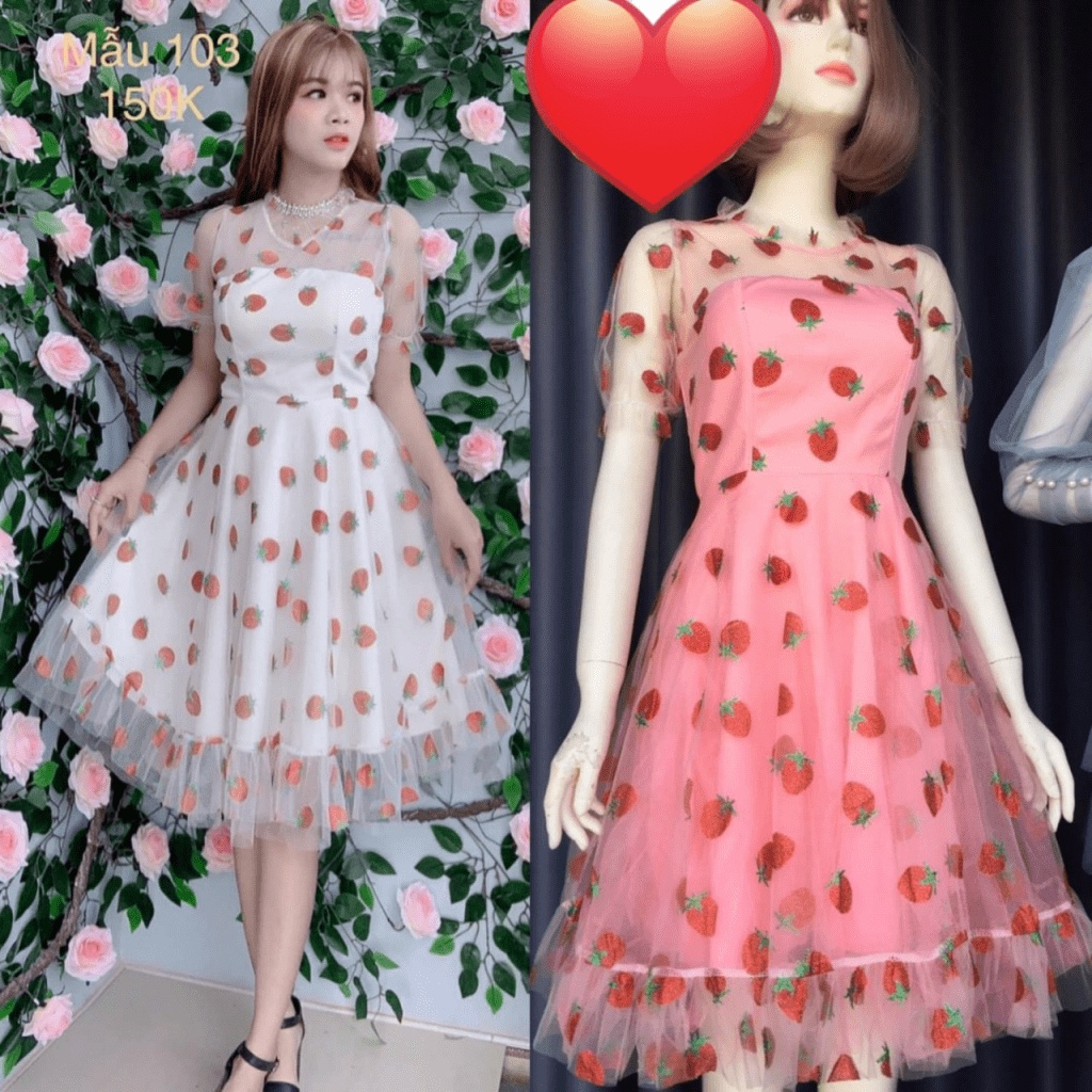 (Free ship) Xả lỗ Mẫu Đầm Lưới In Quả Dâu Có Lót Lụa Siêu Dễ THương UP HHP Fashion