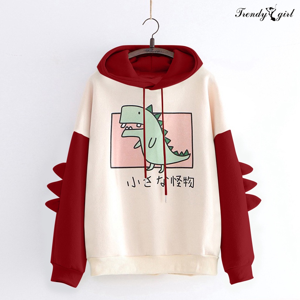 Áo Hoodie Cotton Pha Tay Dài In Họa Tiết Khủng Long Cho Bé Gái