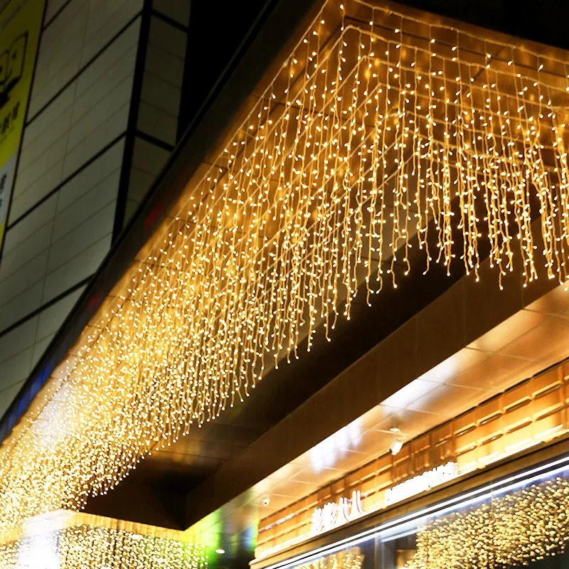(Hàng loại 1) Dây đèn rèm trang trí mưa rơi vàng ấm chớp nháy 8 chế độ kích thước 3m x 3m 128 LED