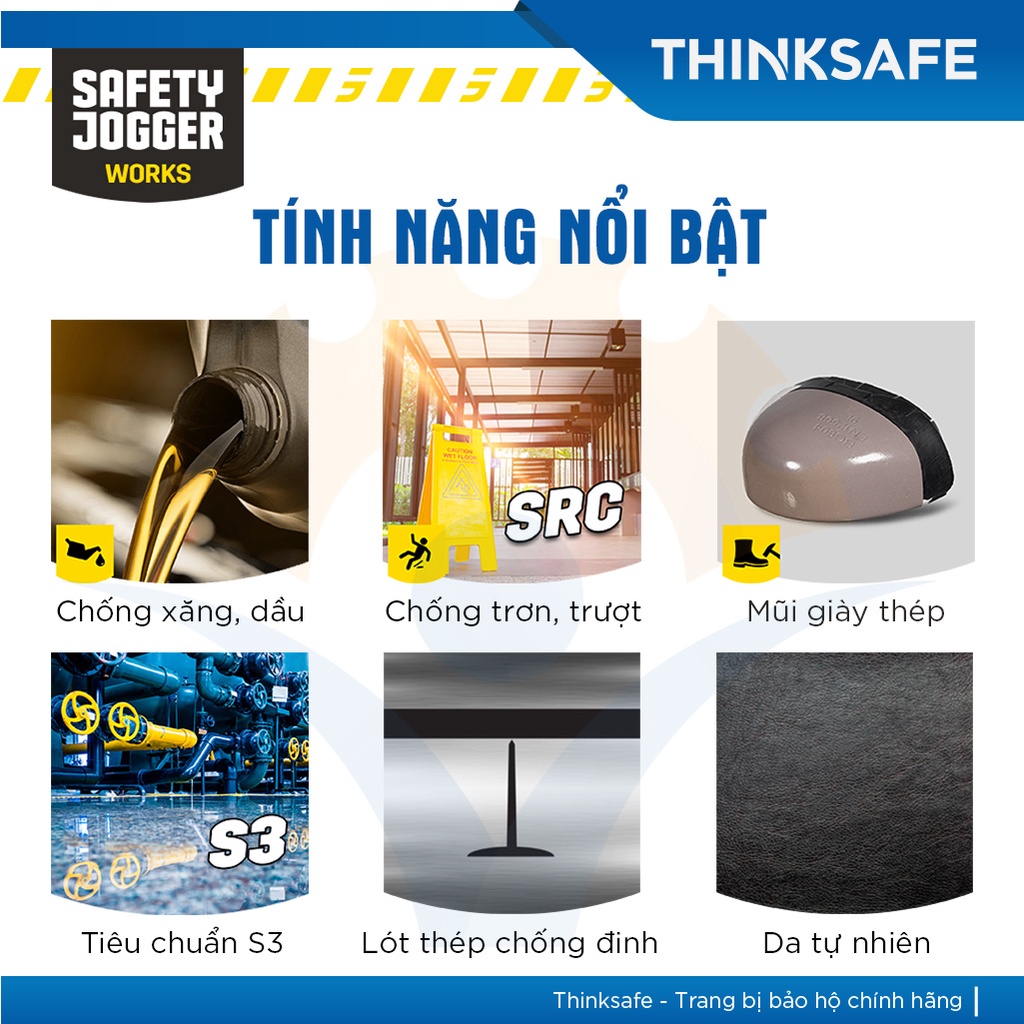 Giày bảo hộ Safety Jogger Aura S3 da bò cao cấp siêu bền, chống tĩnh điện, cấu tạo phi kim(đen) - Thinksafe