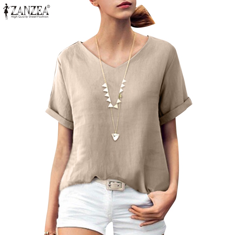 Áo kiểu ZANZEA từ cotton tay ngắn cổ chữ V dáng rộng màu trơn tùy chọn thời trang cho nữ